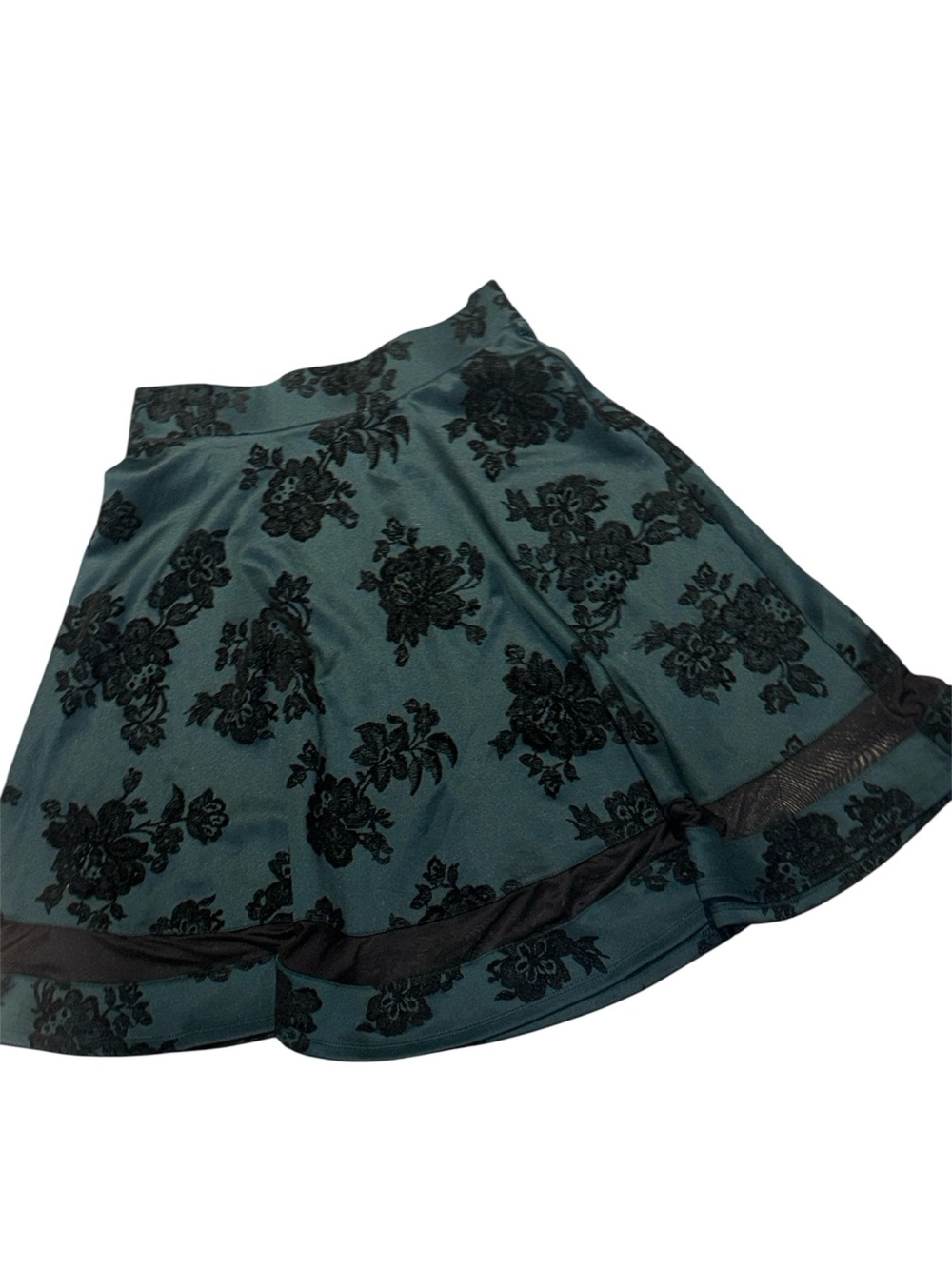 Nordstrom Black Floral Lace-Overlay Skater Skirt on Teal Base